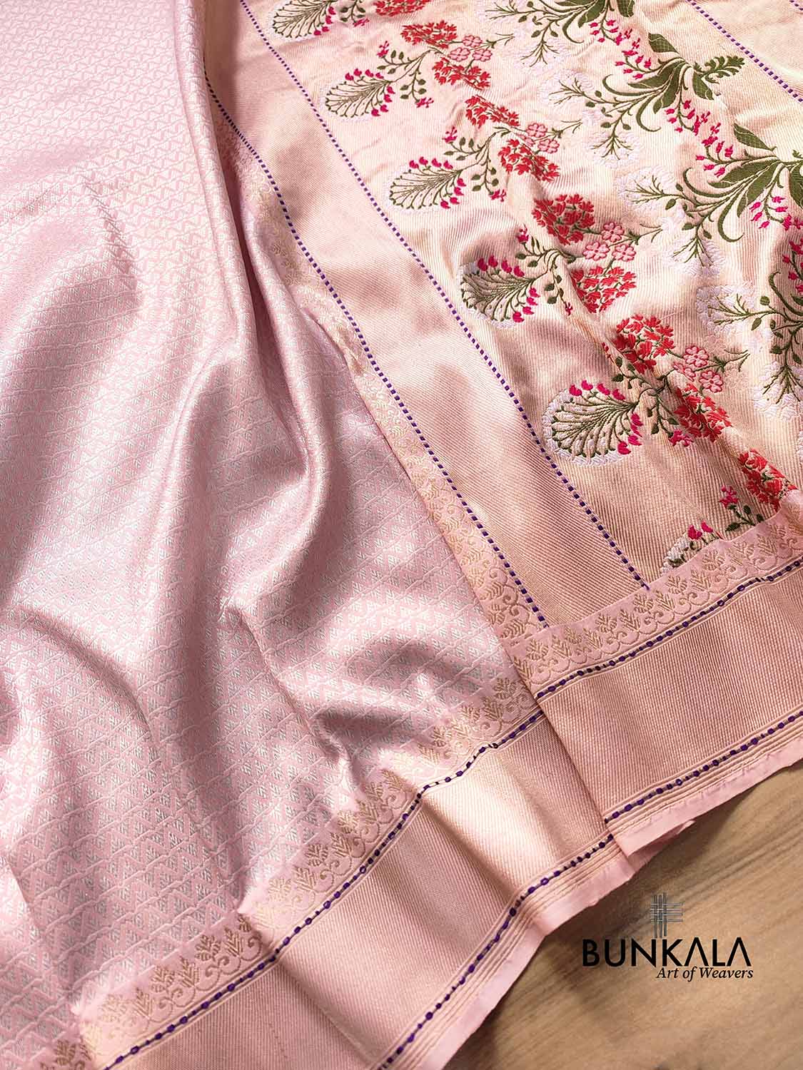 Light Pink Silver Zari Tanchui Body Mughal Design Handloom Pure Katan Silk Meenakari Pallu Banarasi Saree