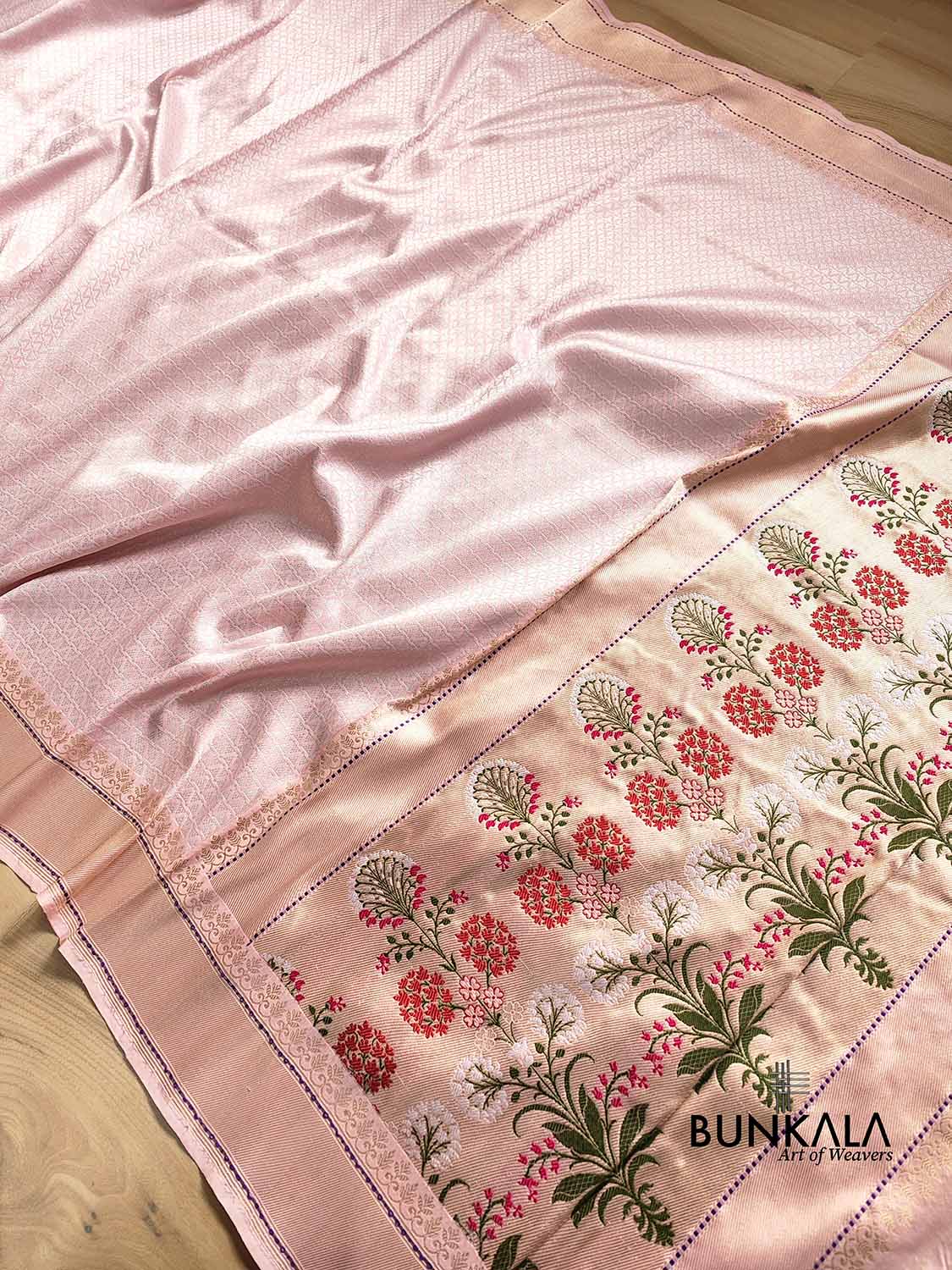 Light Pink Silver Zari Tanchui Body Mughal Design Handloom Pure Katan Silk Meenakari Pallu Banarasi Saree