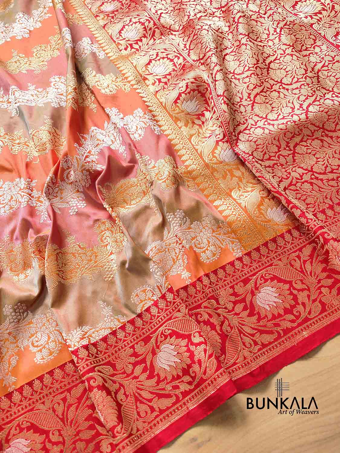 Pastel Multicolor Rangkaat Kadwa Handweaved Gold and Silver Zari Pure Katan Silk Banarasi Saree with Red Contrast Border