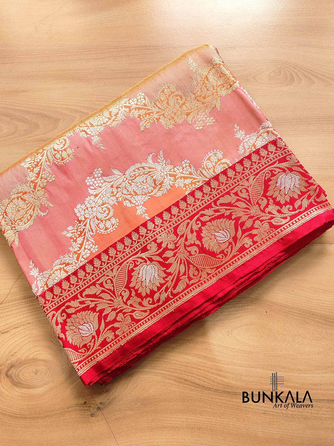 Pastel Multicolor Rangkaat Kadwa Handweaved Gold and Silver Zari Pure Katan Silk Banarasi Saree with Red Contrast Border