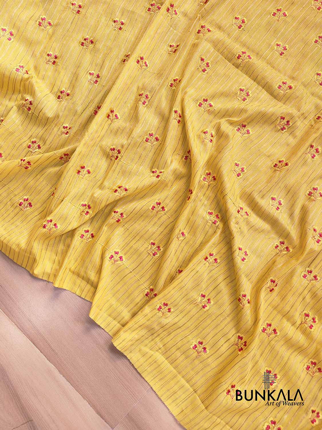 Yellow Cotton Embroidered Meenakari Floral Buti Work Saree