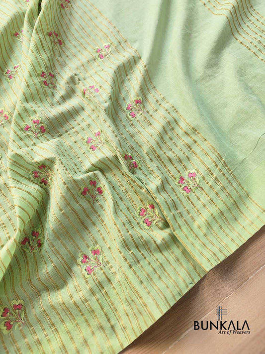 Pista Green Cotton Embroidered Meenakari Floral Buti Work Saree
