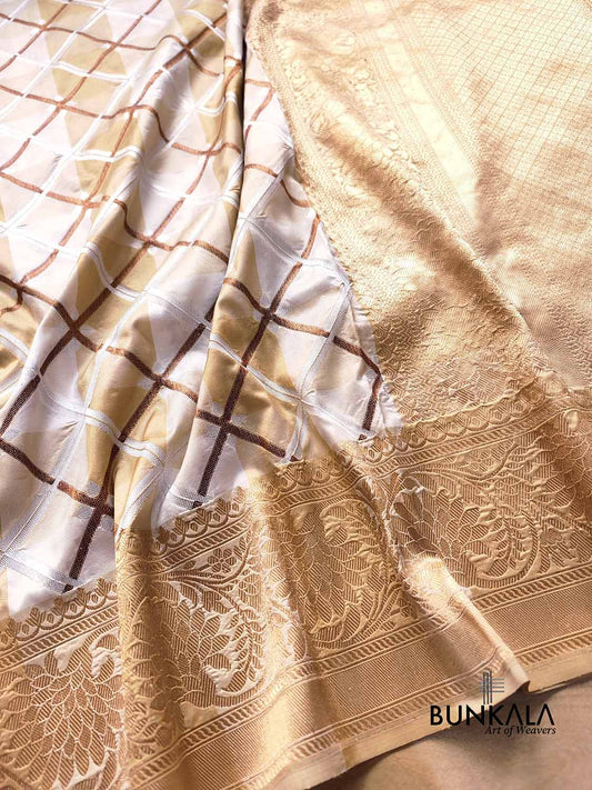 Beige White Pure Katan Silk Handloom Geometric Design Sona Rupa Antique Zari Banarasi Saree