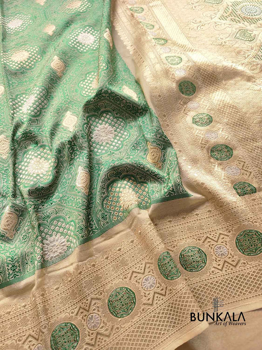 Beige and Green Jharokha Mughal Design Sona Rupa Zari Pure Silk by Georgette Kadwa Handweaved Banarasi Saree