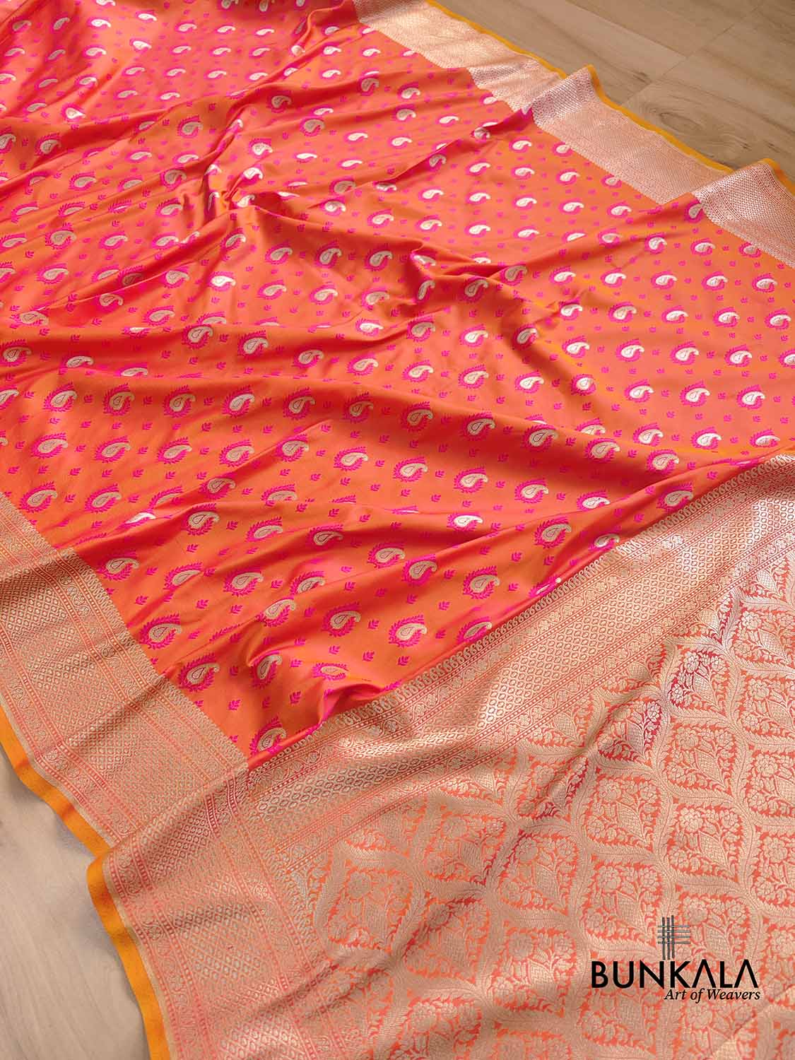 Pink and Orange Two Tone Jamewar Weaved Soft Mashru Silk Allover Small Paisley Buti Design Saree