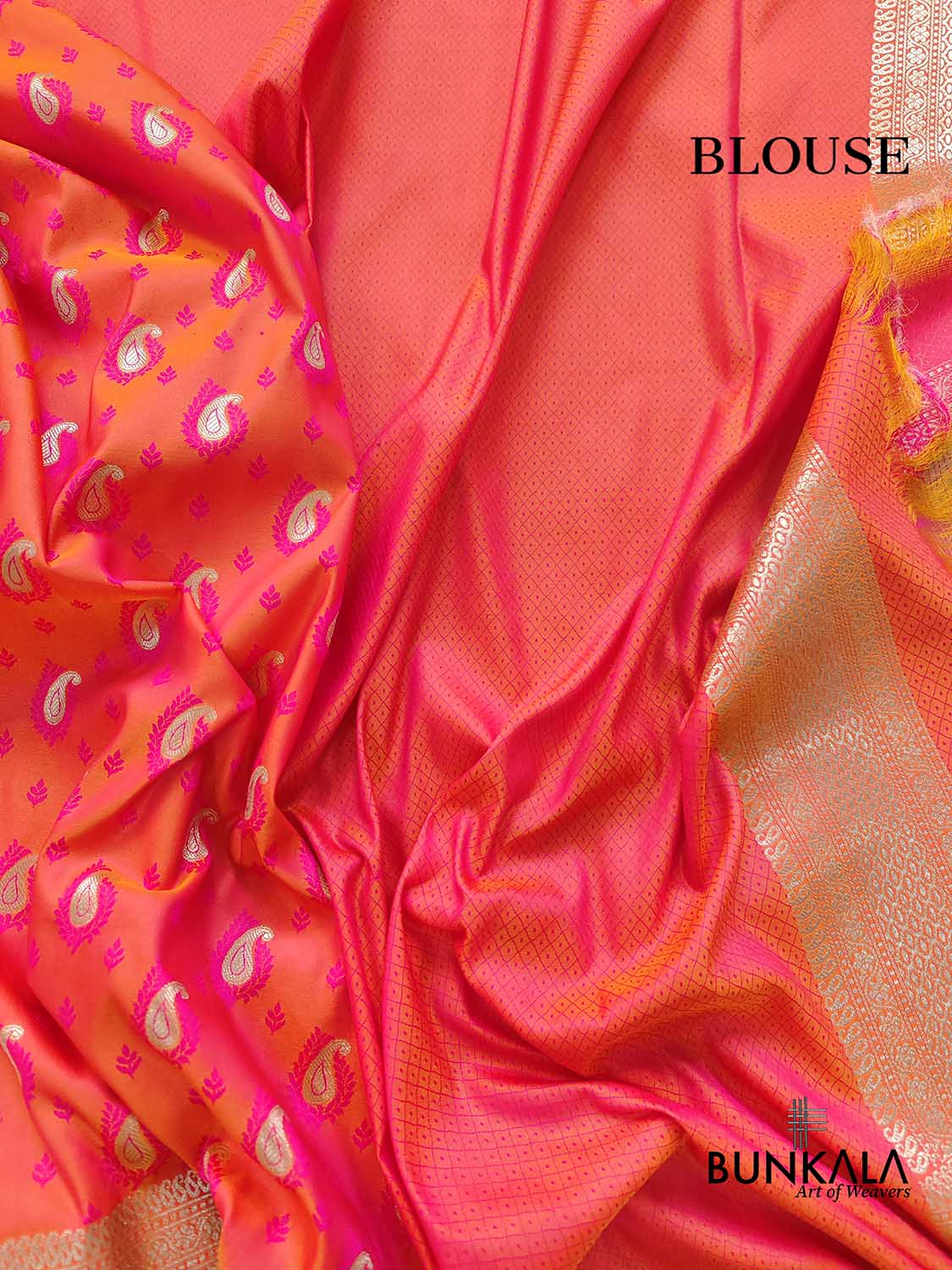 Pink and Orange Two Tone Jamewar Weaved Soft Mashru Silk Allover Small Paisley Buti Design Saree