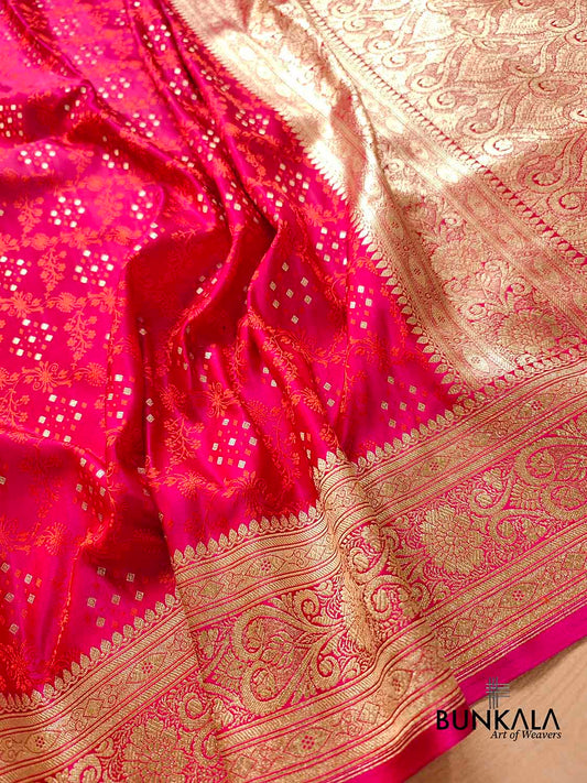 Reddish Pink Jamewar Weaved Soft Mashru Silk Banarasi Saree