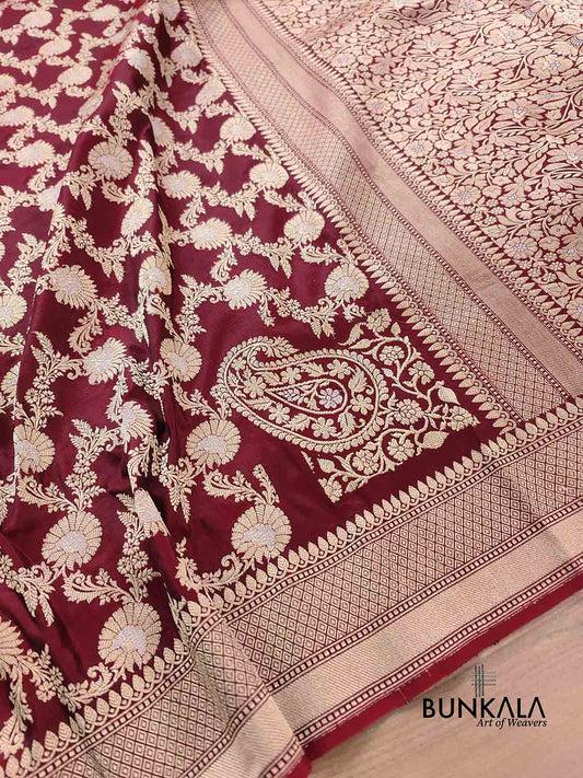 Dark Maroon Pure Katan Silk Handloom Banarasi Saree