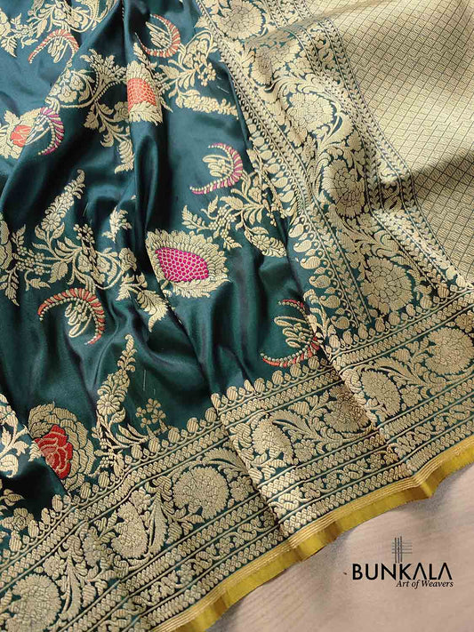 Bottle Green Pure Katan Silk Kadwa Handweaved Meenakari Jangla Design Banarasi Saree