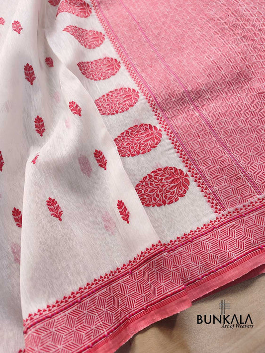 White and Red Pure Linen Silk Resham Kadwa Handweaved Allover Small Buti Banarasi Saree