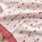 White and Red Pure Linen Silk Resham Kadwa Handweaved Allover Small Buti Banarasi Saree