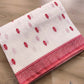 White and Red Pure Linen Silk Resham Kadwa Handweaved Allover Small Buti Banarasi Saree