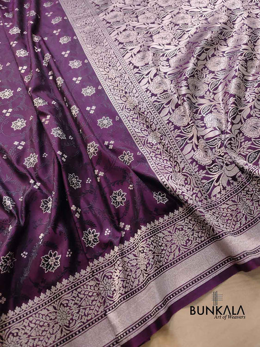 Deep Purple Soft Mashru Silk Jamewar Weaved Floral Jaal Design Banarasi Saree
