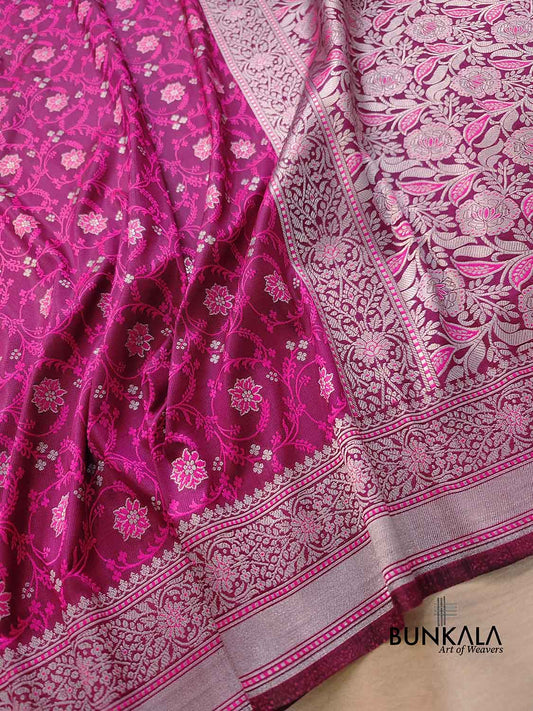 Magenta Pink Soft Mashru Silk Jamewar Weaved Floral Jaal Design Banarasi Saree