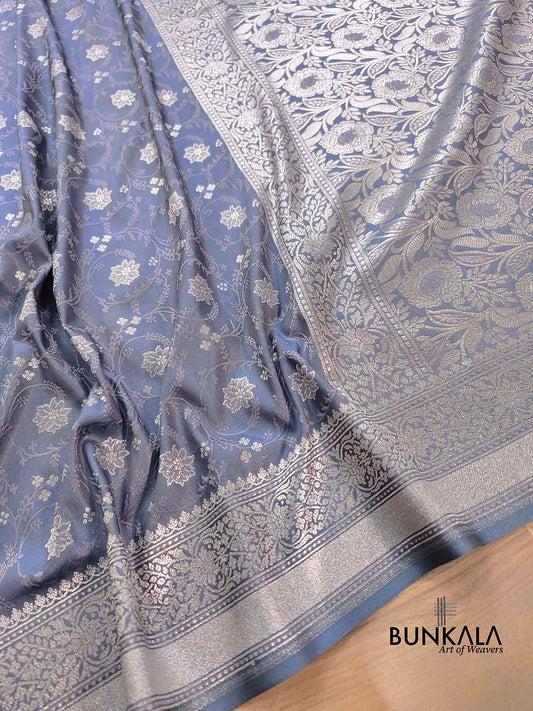 Grey Soft Mashru Silk Jamewar Weaved Floral Jaal Design Banarasi Saree