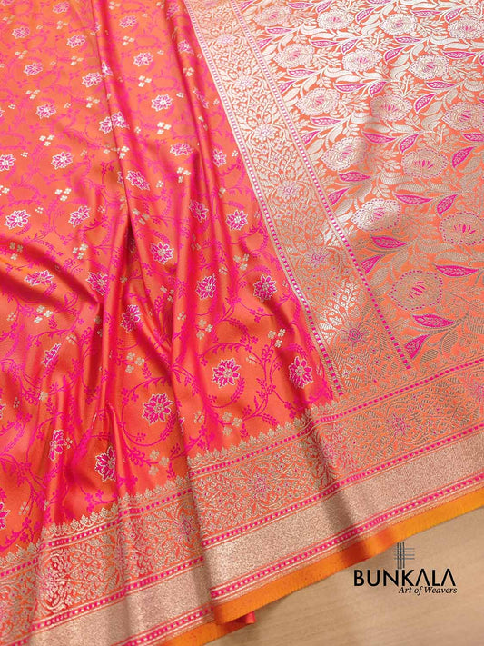 Pink and Orange Dual Shaded Soft Mashru Silk Jamewar Weaved Floral Jaal Design Banarasi Saree