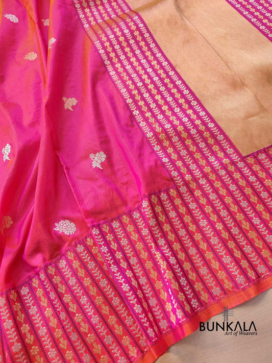 Pink Dual Tone Pure Katan Silk Sona Rupa Zari Hand Woven Kadwa Allover Flower Buti Stripe Border Banarasi Saree with Brocade Blouse