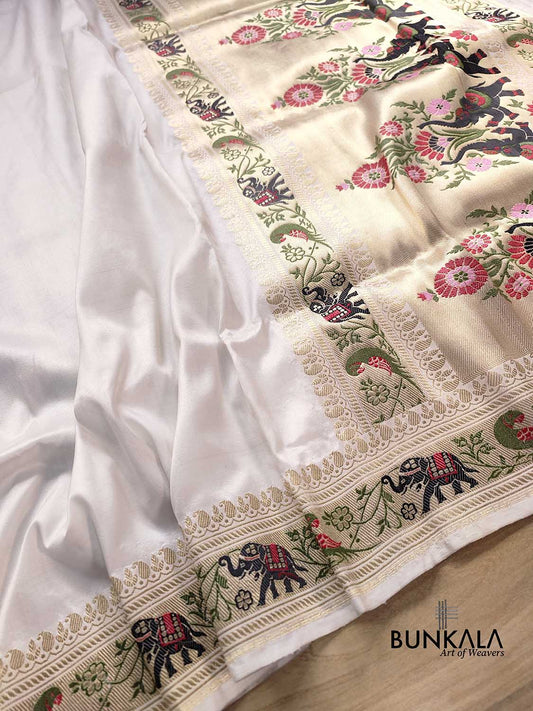White Pure Katan Silk Hand Weaved Kadwa Meenakari Shikargha Design Plain Banarasi Saree