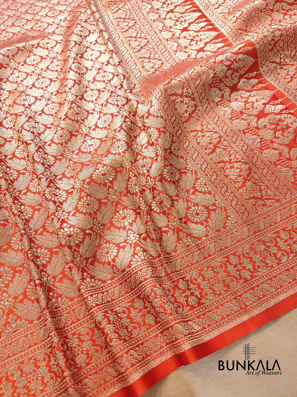 Burnt Orange Mashru Silk Brocade Weaved Banarasi Saree