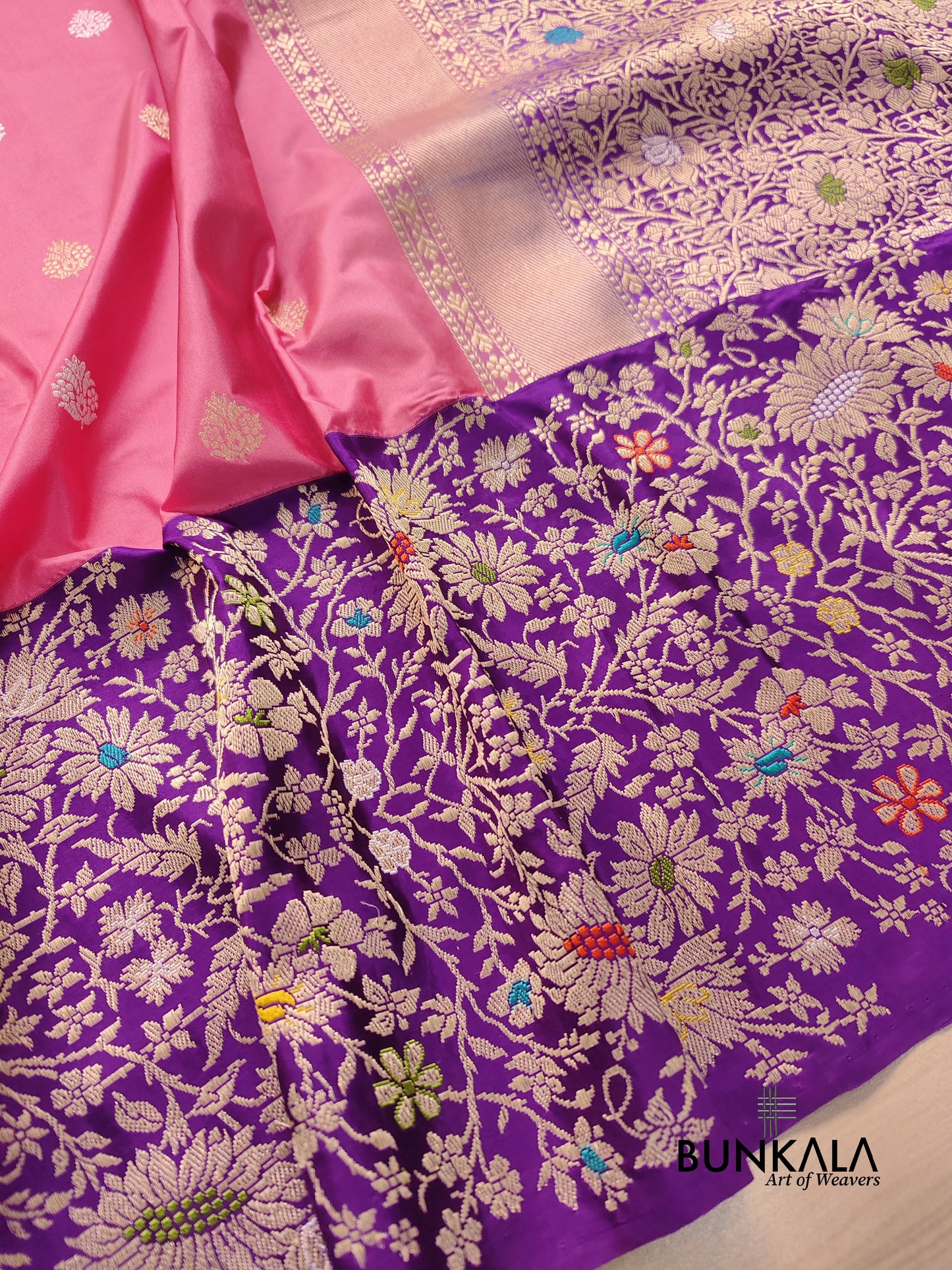 Pink Pure Katan Silk Kadwa Handweaved Allover Sona Rupa Buta with Purple Contrast Kadiyal Skirt Floral Design Meenakari Border Banarasi Saree