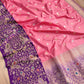 Pink Pure Katan Silk Kadwa Handweaved Allover Sona Rupa Buta with Purple Contrast Kadiyal Skirt Floral Design Meenakari Border Banarasi Saree