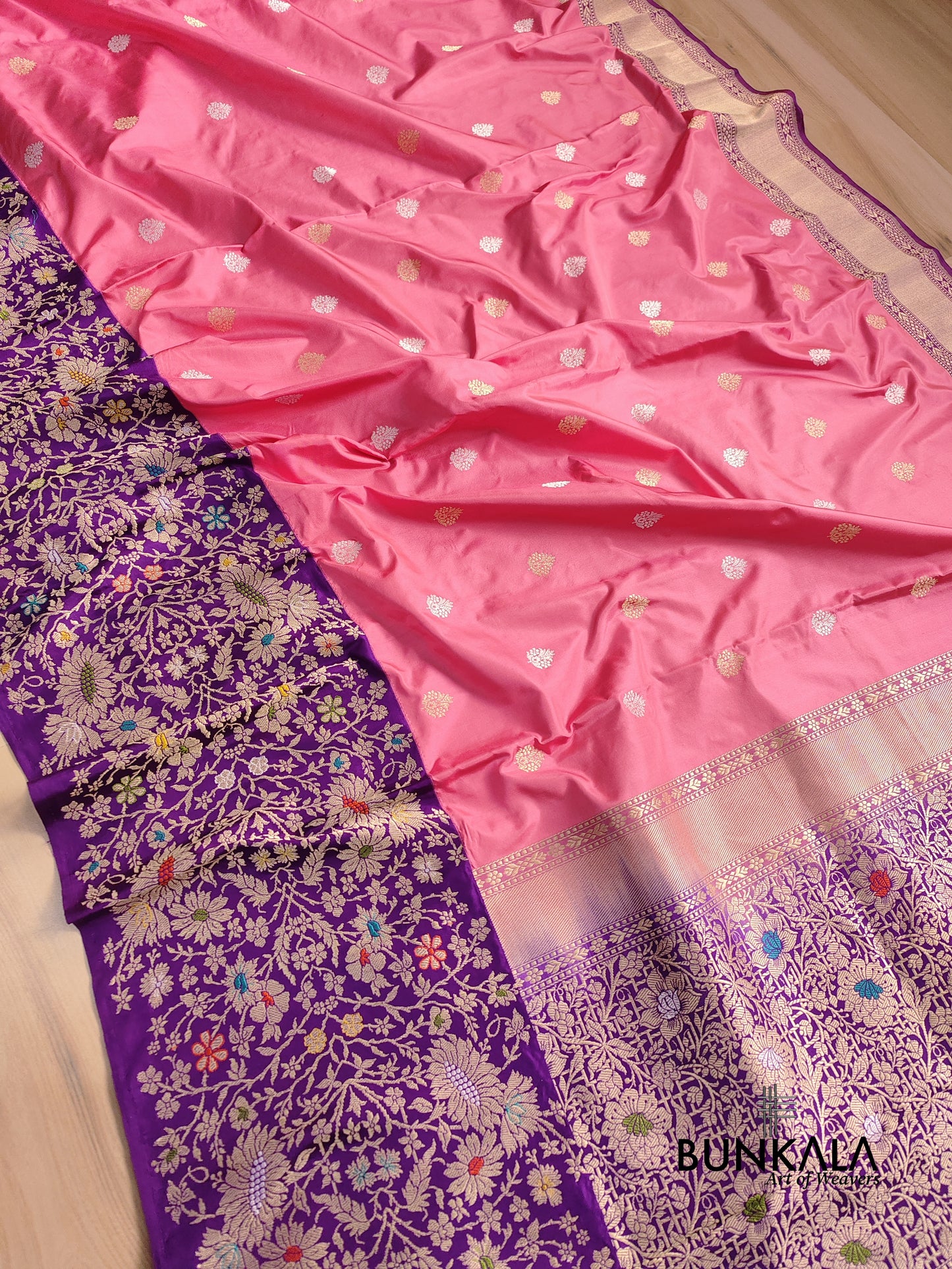 Pink Pure Katan Silk Kadwa Handweaved Allover Sona Rupa Buta with Purple Contrast Kadiyal Skirt Floral Design Meenakari Border Banarasi Saree