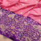 Pink Pure Katan Silk Kadwa Handweaved Allover Sona Rupa Buta with Purple Contrast Kadiyal Skirt Floral Design Meenakari Border Banarasi Saree