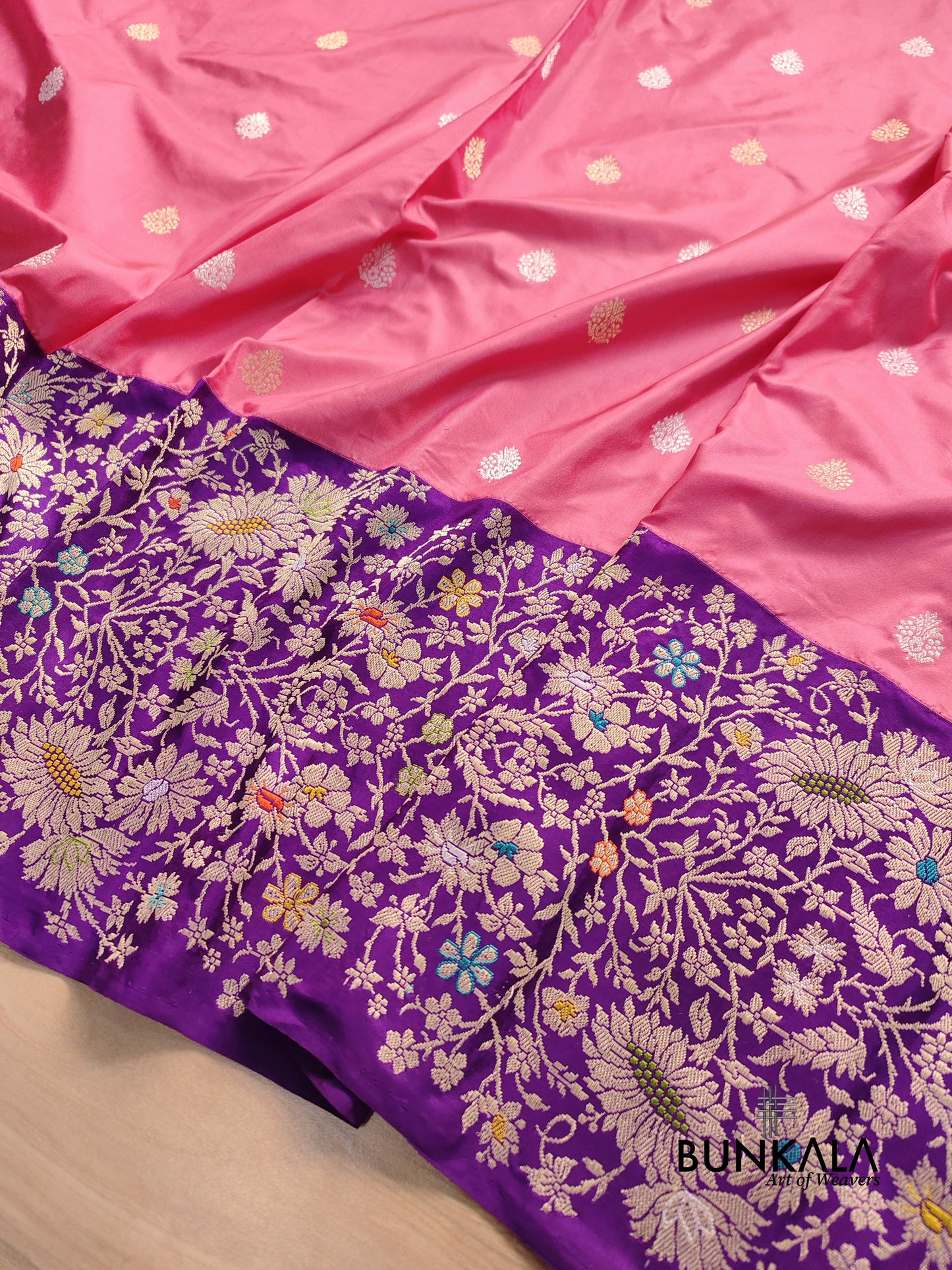 Pink Pure Katan Silk Kadwa Handweaved Allover Sona Rupa Buta with Purple Contrast Kadiyal Skirt Floral Design Meenakari Border Banarasi Saree