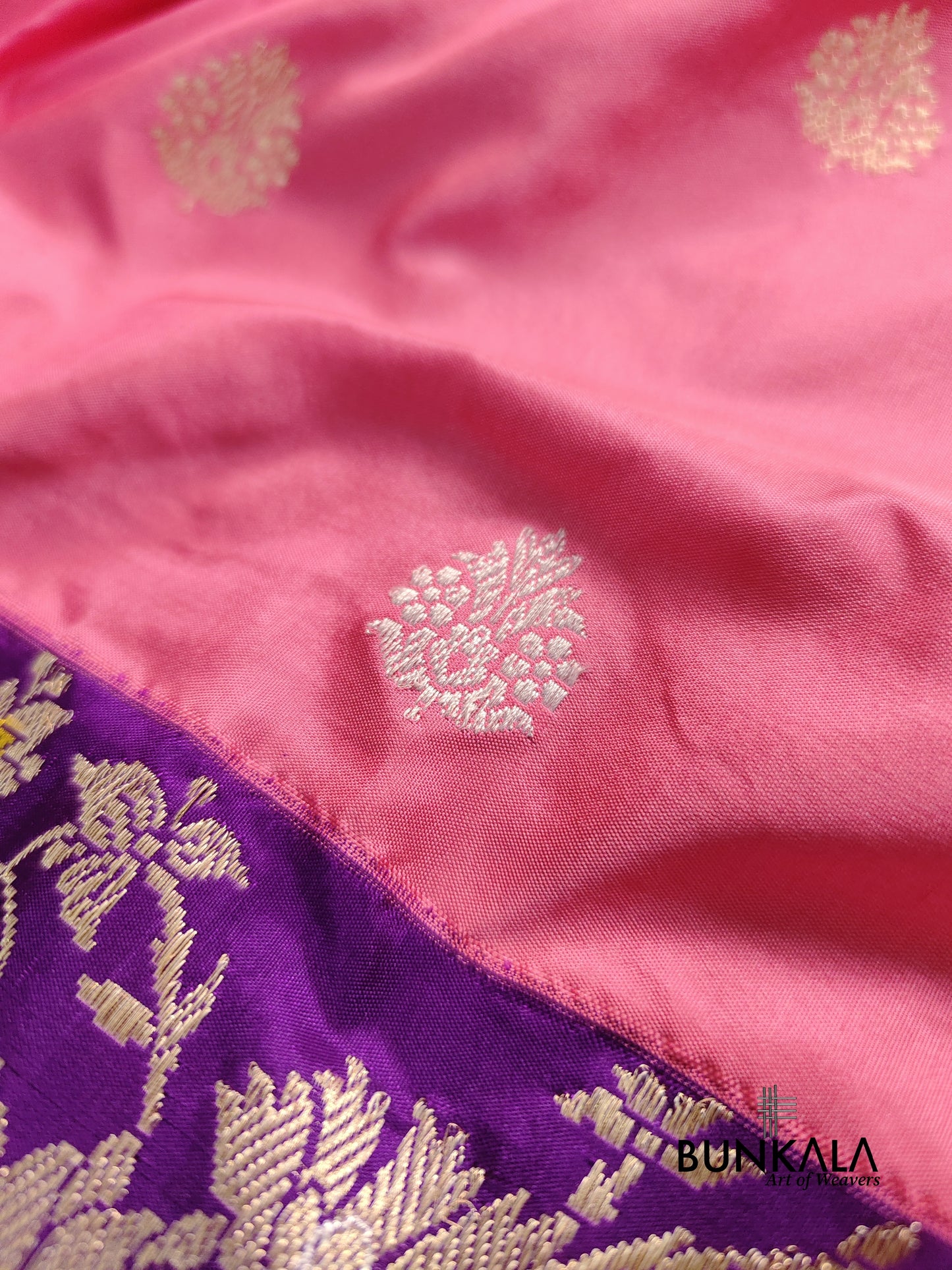 Pink Pure Katan Silk Kadwa Handweaved Allover Sona Rupa Buta with Purple Contrast Kadiyal Skirt Floral Design Meenakari Border Banarasi Saree