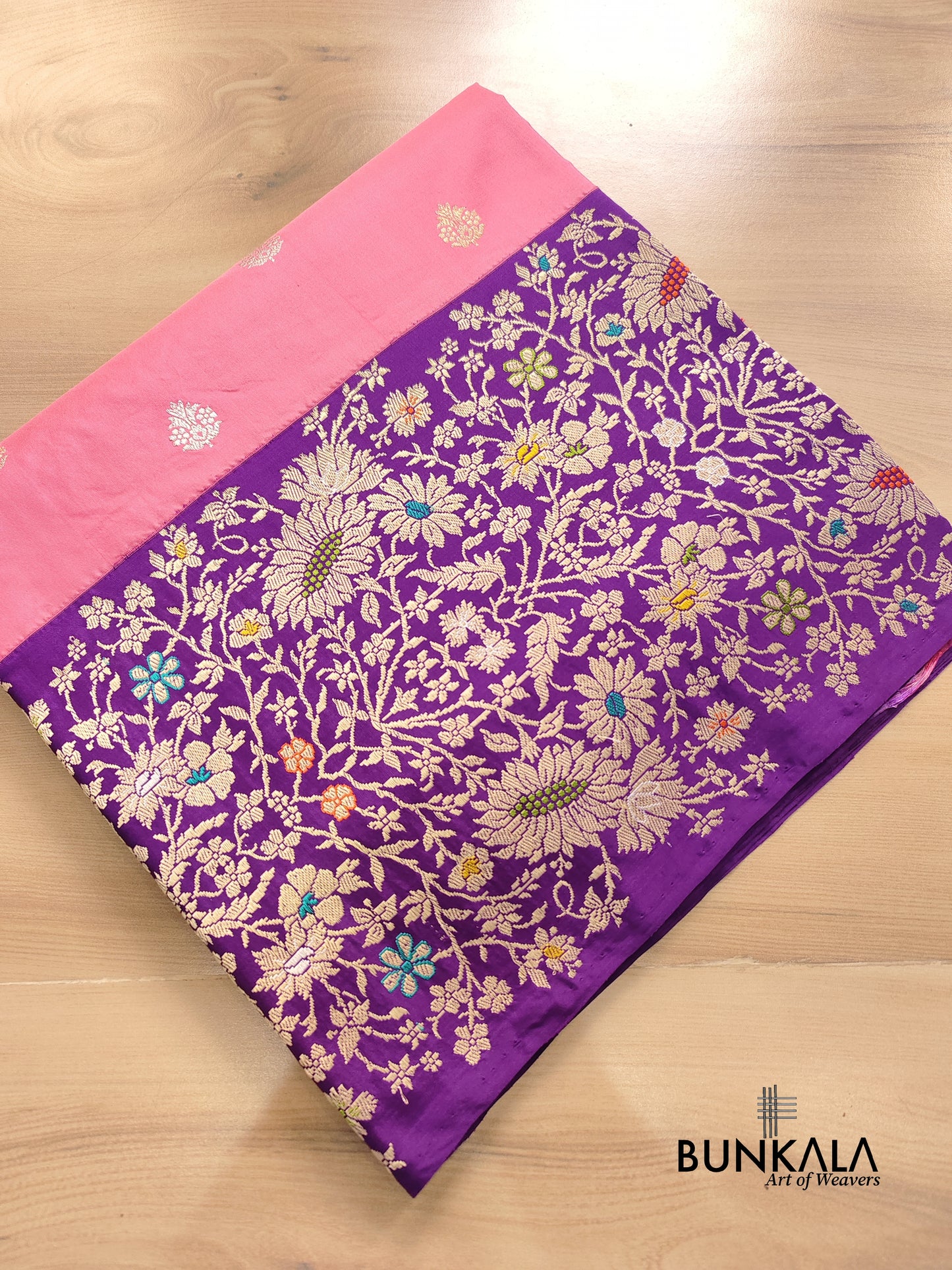 Pink Pure Katan Silk Kadwa Handweaved Allover Sona Rupa Buta with Purple Contrast Kadiyal Skirt Floral Design Meenakari Border Banarasi Saree