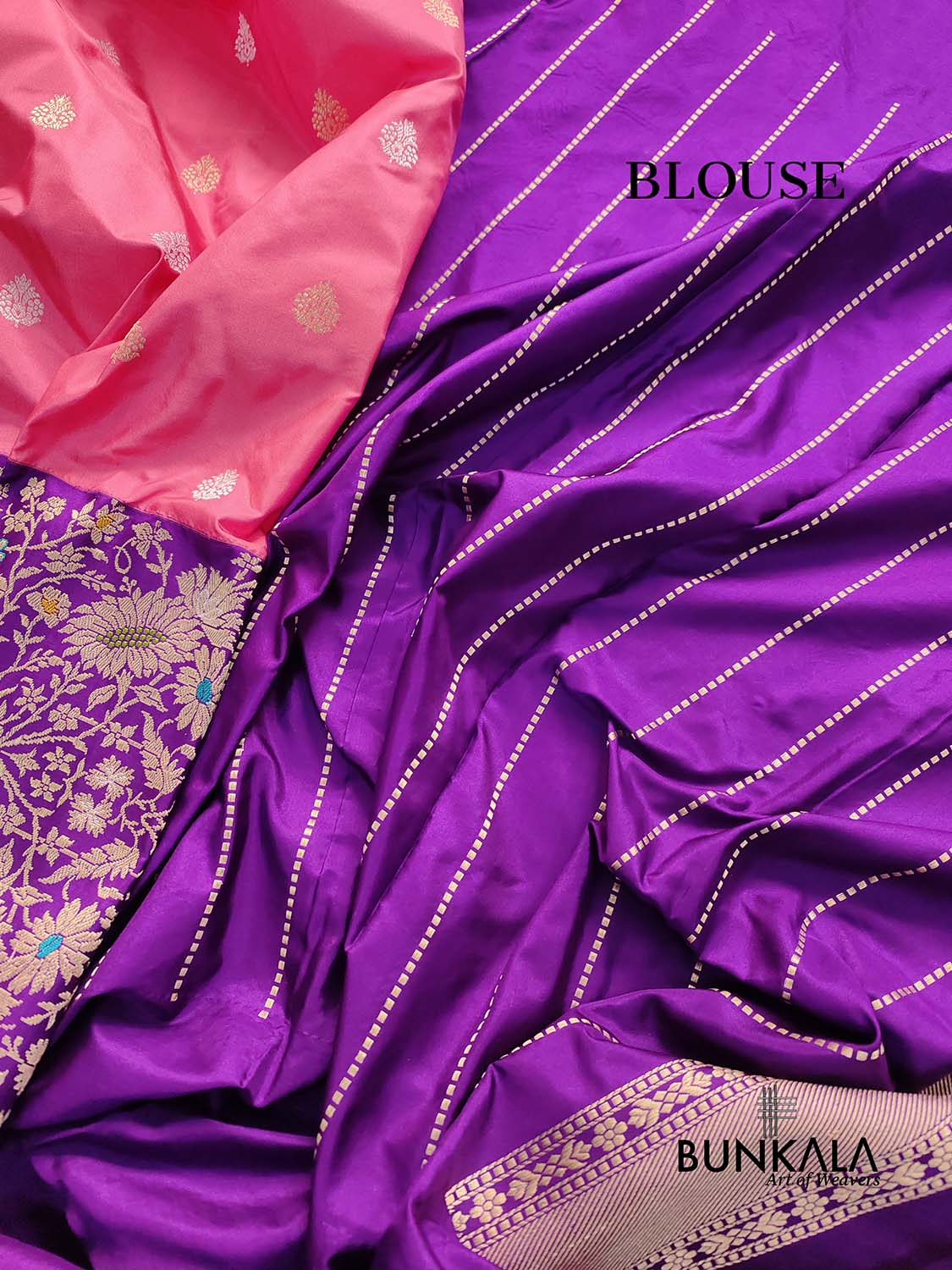 Pink Pure Katan Silk Kadwa Handweaved Allover Sona Rupa Buta with Purple Contrast Kadiyal Skirt Floral Design Meenakari Border Banarasi Saree