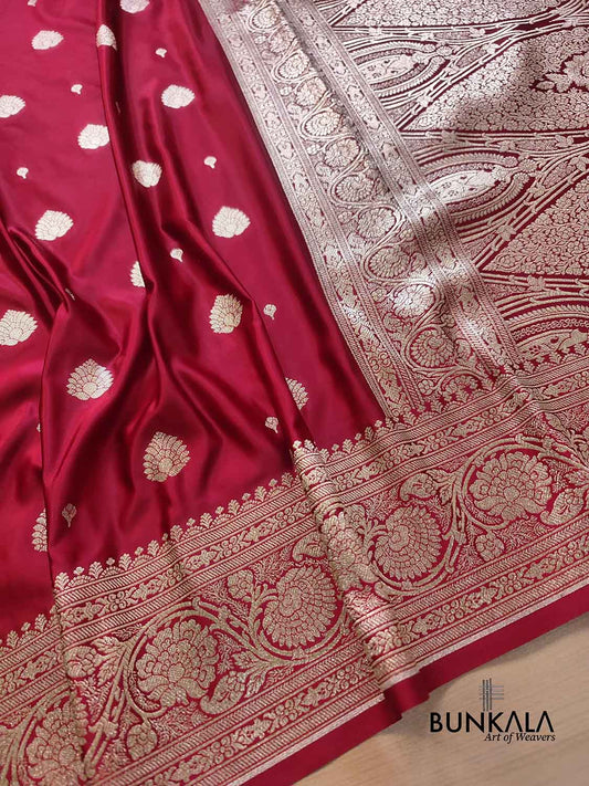 Bridal Maroon Soft Mashru Silk Allover Small Buti Weaved Banarasi Saree