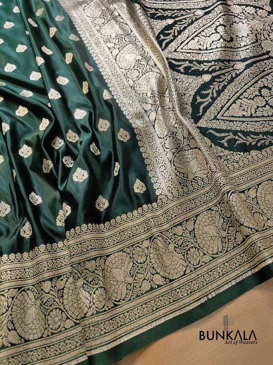 Deep Green Soft Mashru Silk Allover Small Buti Weaved Banarasi Saree