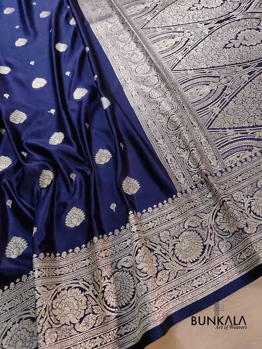 Dark Blue Soft Mashru Silk Allover Small Buti Weaved Banarasi Saree