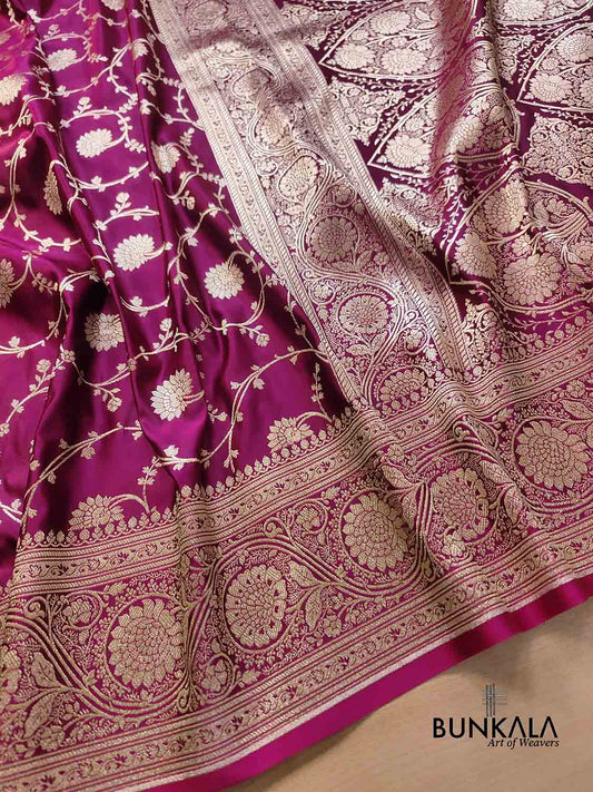 Magenta Pink Soft Mashru Silk Allover Floral Jaal Design Weaved Banarasi Saree