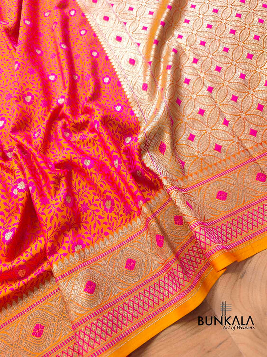 Two Tone Pink and Orange Jamewar Weaved Soft Mashru Silk Floral Jaal Design Banarasi Saree