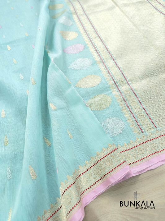 Blue Kadwa Buti Handweaved Banarasi Pure Linen Saree