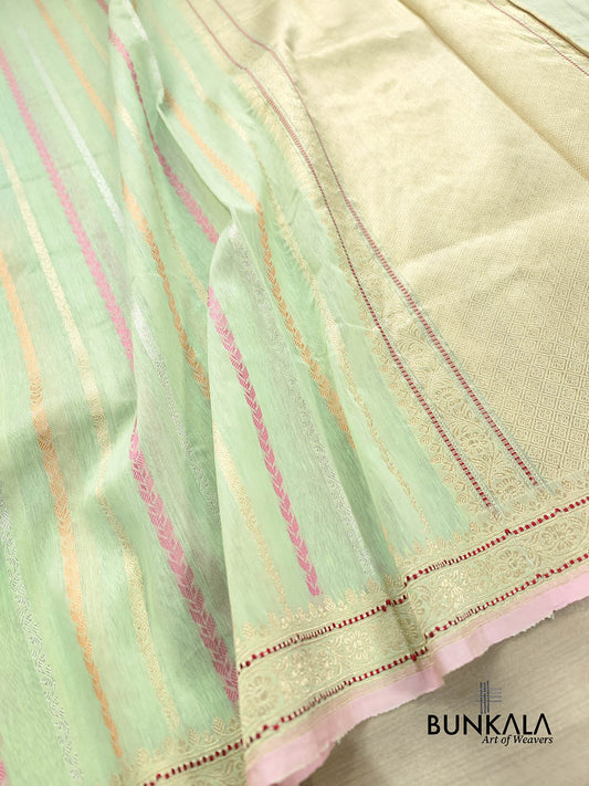 Pista Green Kadwa Stripes Handweaved Banarasi Pure Linen Saree