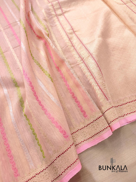 Peach Pink Kadwa Stripe Handweaved Banarasi Pure Linen Saree