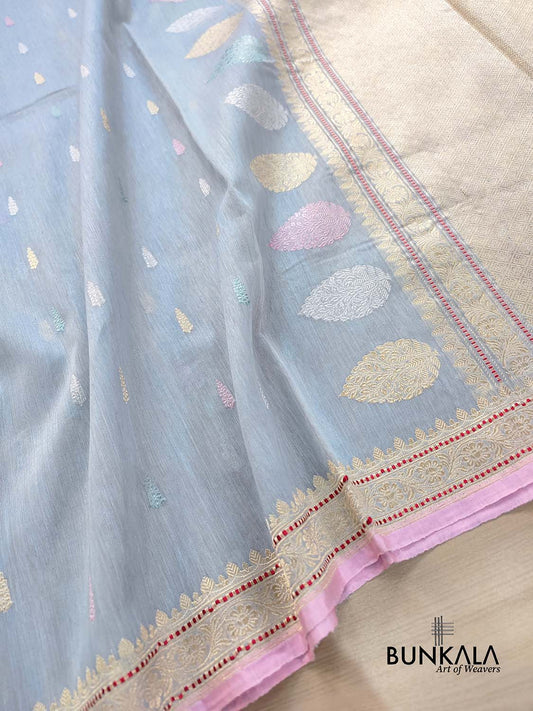 Greyish Blue Kadwa Buti Handweaved Banarasi Pure Linen Saree