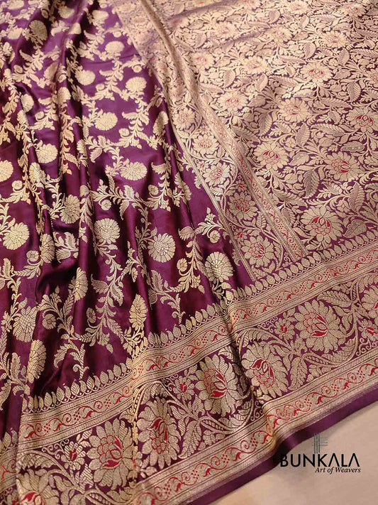 Maroon Floral Jaal Banarasi Mashru Silk Saree