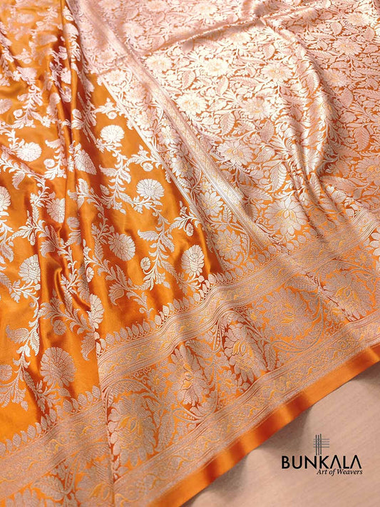 Orange Floral Jaal Banarasi Mashru Silk Saree