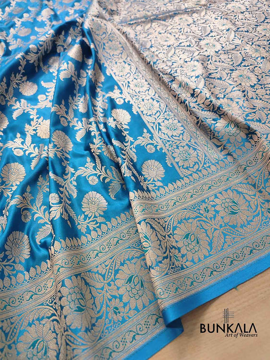 Blue Floral Jaal Banarasi Mashru Silk Saree