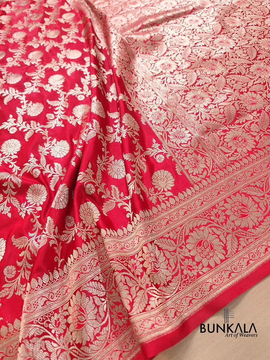 Brigt Red Floral Jaal Banarasi Mashru Silk Saree