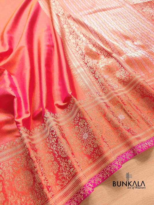 Pink Double Shaded Pure Katan Silk Plain Banarasi Handloom Saree