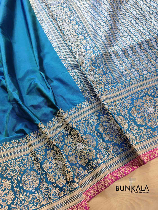 Blue Double Shaded Pure Katan Silk Plain Banarasi Handloom Saree