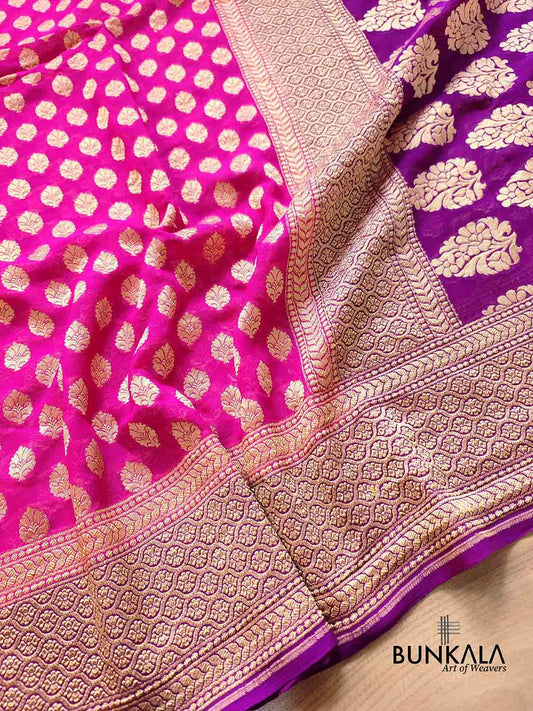 Pink Allover Small Buti Pure Georgette Handloom Banarasi Purple Contrast Border Saree