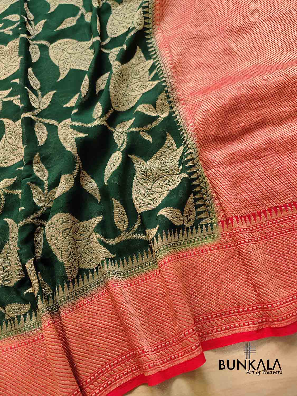 Bottle Green Pure Georgette Handloom Banarasi Saree with Red Contrast Border