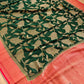 Bottle Green Pure Georgette Handloom Banarasi Saree with Red Contrast Border