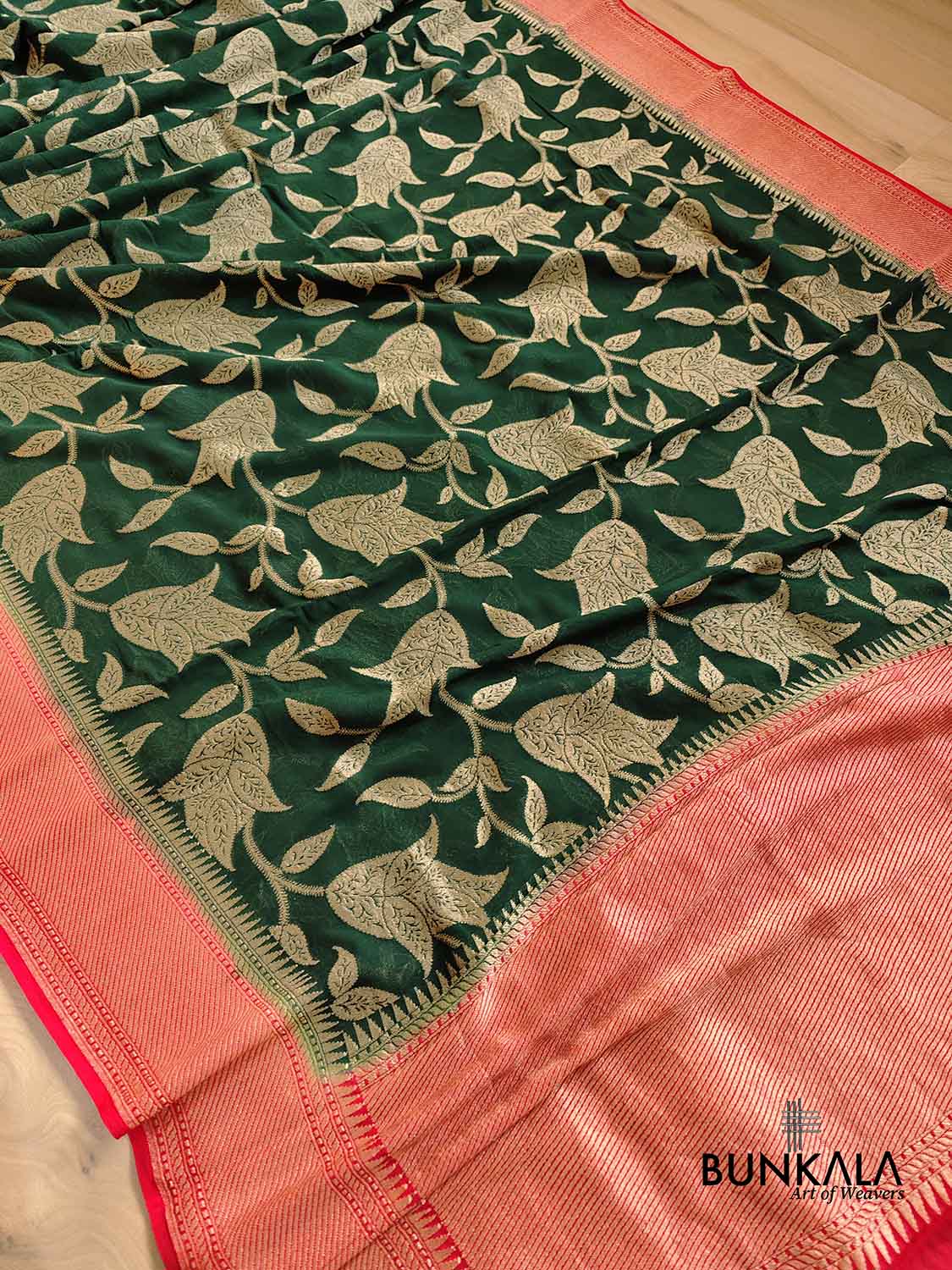 Bottle Green Pure Georgette Handloom Banarasi Saree with Red Contrast Border